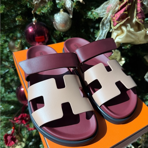 HERMES H CHYPRE ROUGE H BEIGE PERLINO LEATHER SANDALS SHOES FLAT SLIDES 37 NIB - Picture 9 of 15